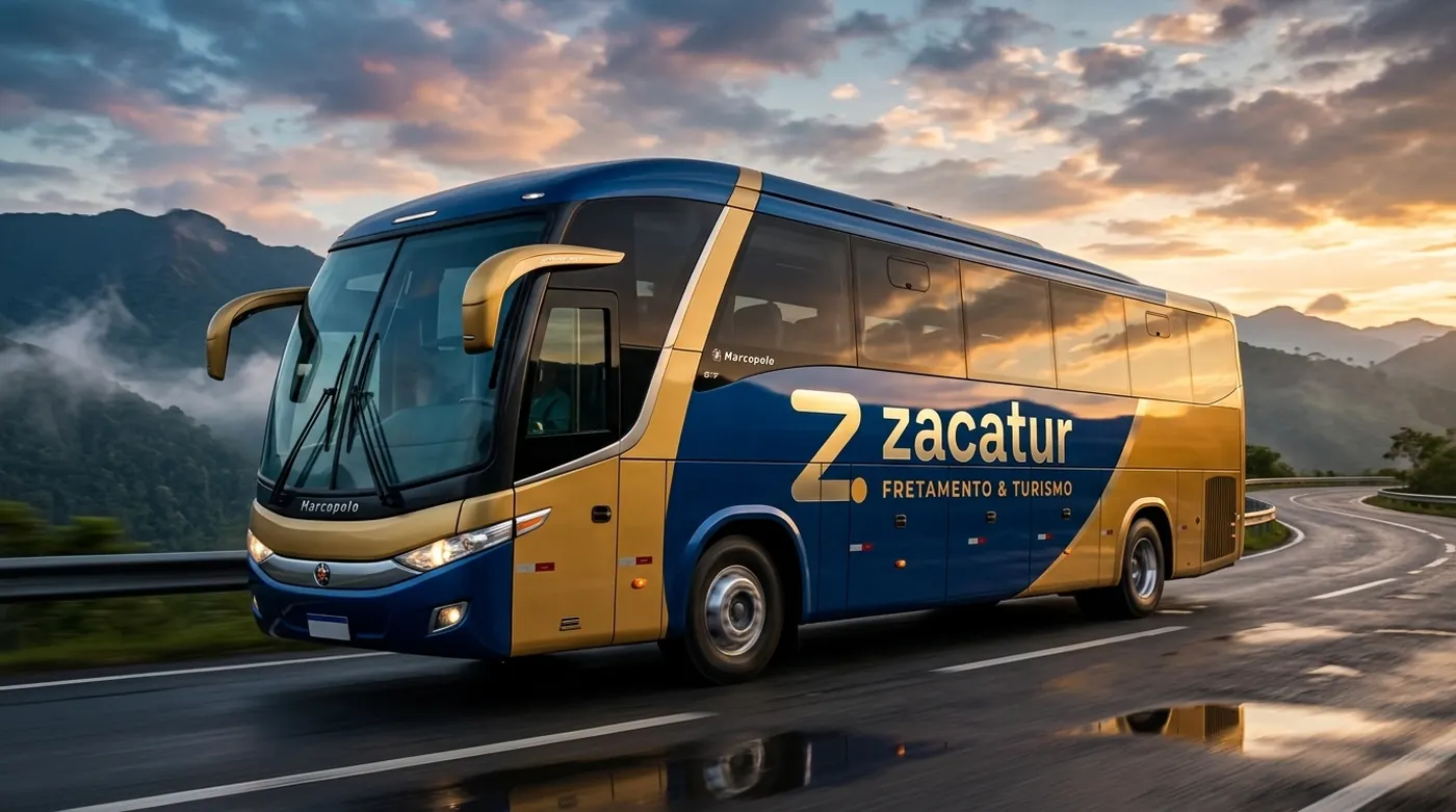 Ilustração de um ônibus com a identidade da ZacaTur em uma estrada ao entardecer
