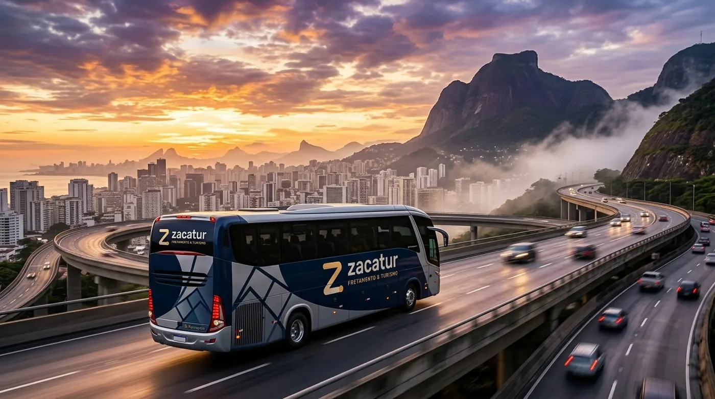 Ilustração de um ônibus com a identidade da ZacaTur em uma pista ao amanhecer